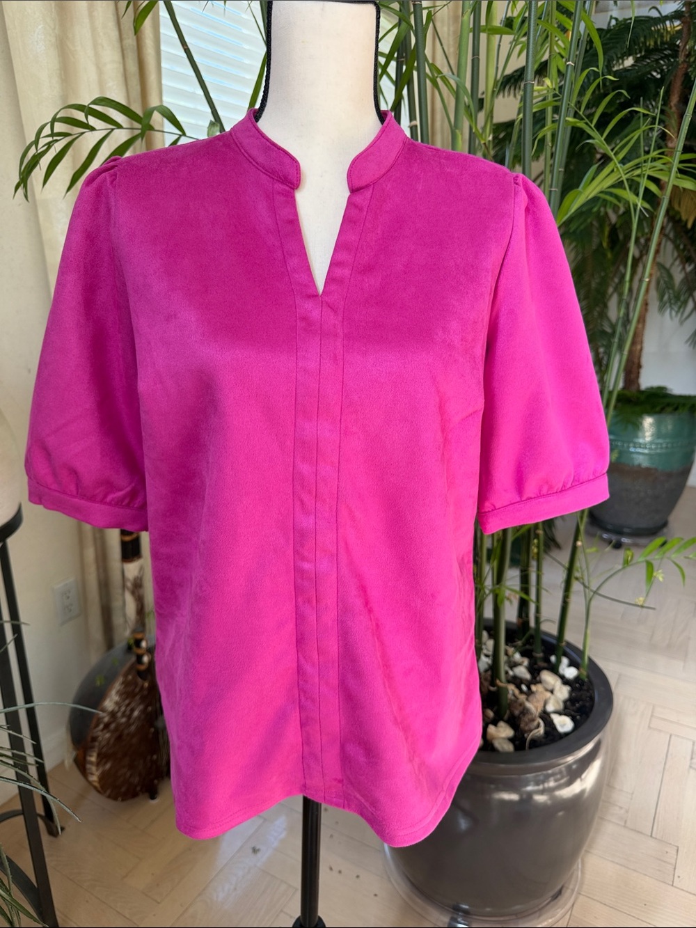 Belle by Kim Gravel Fuchsia Split-Neck Puff Sleeve Blouse